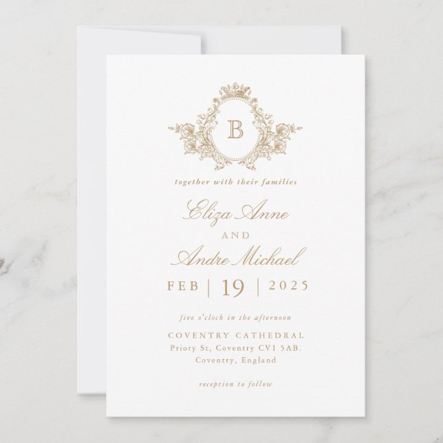Invitación Elegante Boda Escudo de Monograma Blanco y Oro (Anverso)