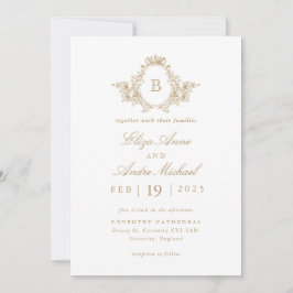 Invitación Elegante Boda Escudo de Monograma Blanco y Oro