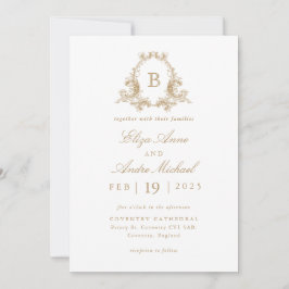 Invitación Elegante Boda Escudo de Monograma Blanco y Oro