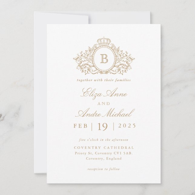 Invitación Elegante Boda Escudo de Monograma Blanco y Oro (Anverso)