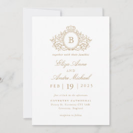 Invitación Elegante Boda Escudo de Monograma Blanco y Oro
