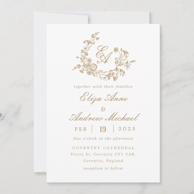 Invitación Elegante Boda Escudo de Monograma de Oro Floral (Anverso)