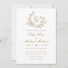 Invitación Elegante Boda Escudo de Monograma de Oro Floral
