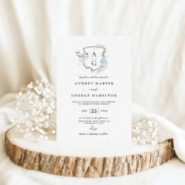 Invitación Elegante Boda Escudo de Monograma Floral Azul Dust