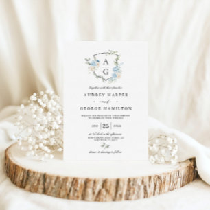 Invitación Elegante Boda Escudo de Monograma Floral Azul Dust