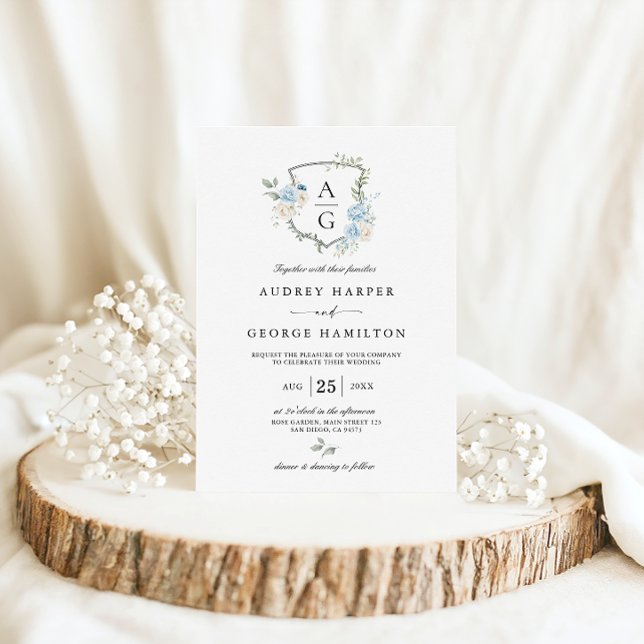 Invitación Elegante Boda Escudo de Monograma Floral Azul Dust (Subido por el creador)