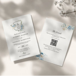 Invitación Elegante Boda Escudo de Monograma Floral Azul Dust