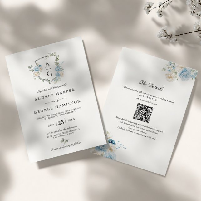 Invitación Elegante Boda Escudo de Monograma Floral Azul Dust (Subido por el creador)