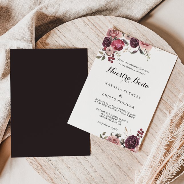 Invitación Elegante Boda español floral de verano borgoñés (Subido por el creador)