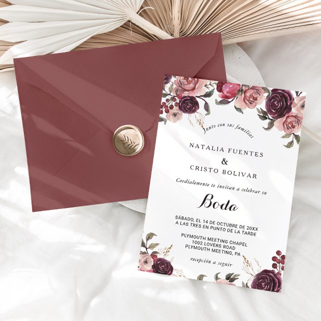 Invitación Elegante Boda español floral de verano borgoñés (Subido por el creador)
