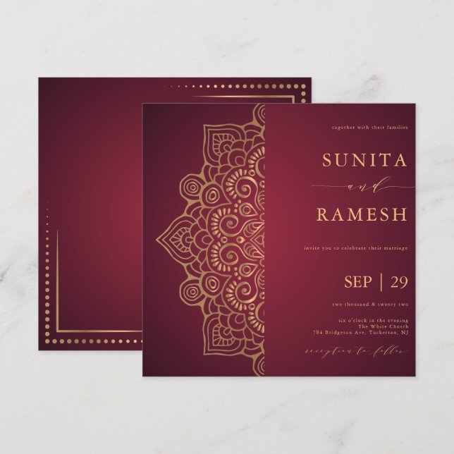 Invitación Elegante Boda étnico indio de Mandala roja y dorad (Anverso / Reverso)