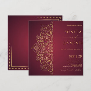 Invitación Elegante Boda étnico indio de Mandala roja y dorad