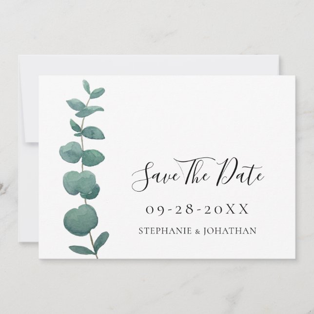 Invitación Elegante Boda Eucalyptus Ahorra La Fecha (Anverso)