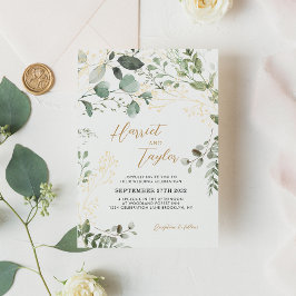 Invitación Elegante Boda Eucalyptus de Oro y Verdor