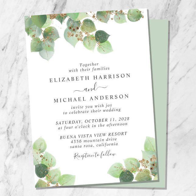 Invitación Elegante Boda Eucalyptus Gold Watercolor (Subido por el creador)