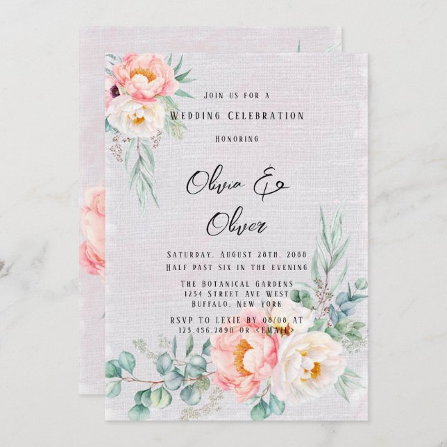 Invitación Elegante Boda Eucalyptus Peonies Rosados (Anverso / Reverso)