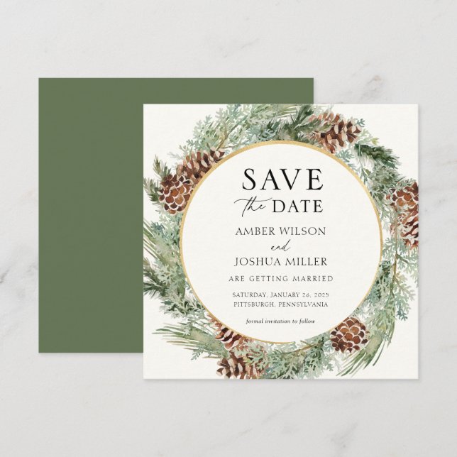 Invitación Elegante Boda Evergreen de Invierno Salva la Fecha (Anverso / Reverso)