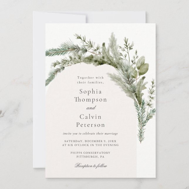 Invitación Elegante Boda Evergreen Winter Greenery (Anverso)