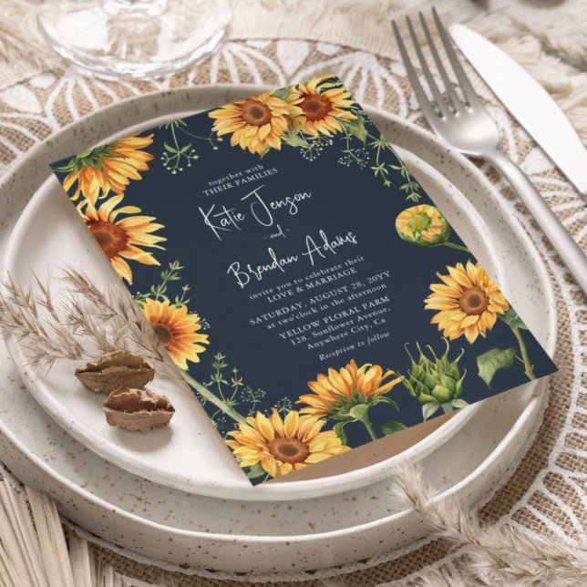 Invitación Elegante Boda Fall Sunflower Floral & Navy (Subido por el creador)