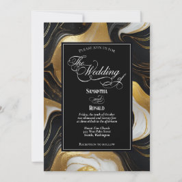Invitación Elegante Boda Faux Gold, Black and White Marble