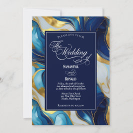 Invitación Elegante Boda Faux Gold, Blue and White Marble