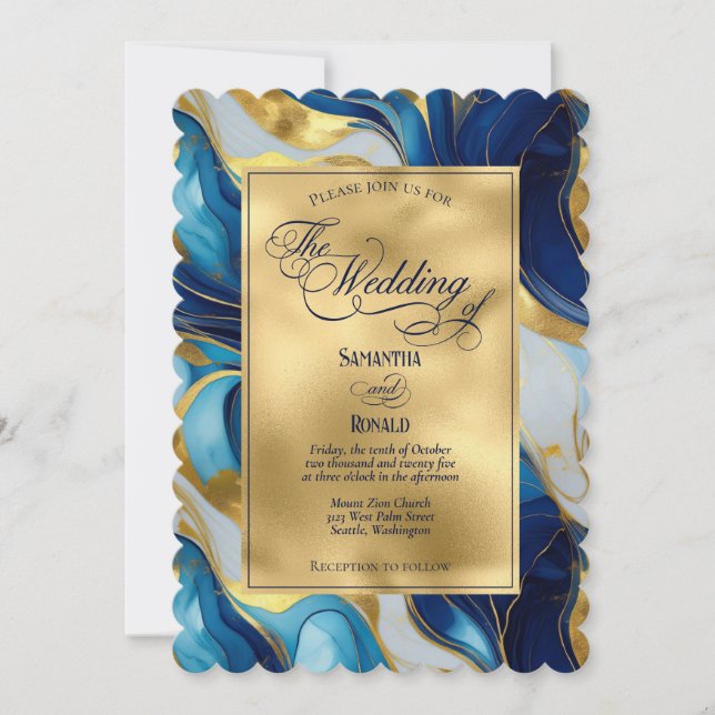 Invitación Elegante Boda Faux Gold, Blue and White Marble (Anverso)