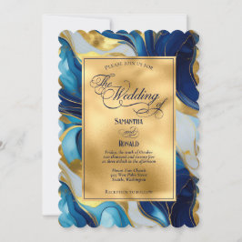 Invitación Elegante Boda Faux Gold, Blue and White Marble