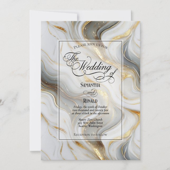Invitación Elegante Boda Faux Gold, Gris y Marble Blanco (Anverso)