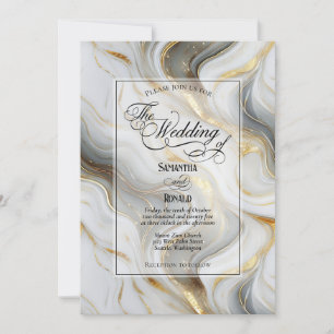 Invitación Elegante Boda Faux Gold, Gris y Marble Blanco