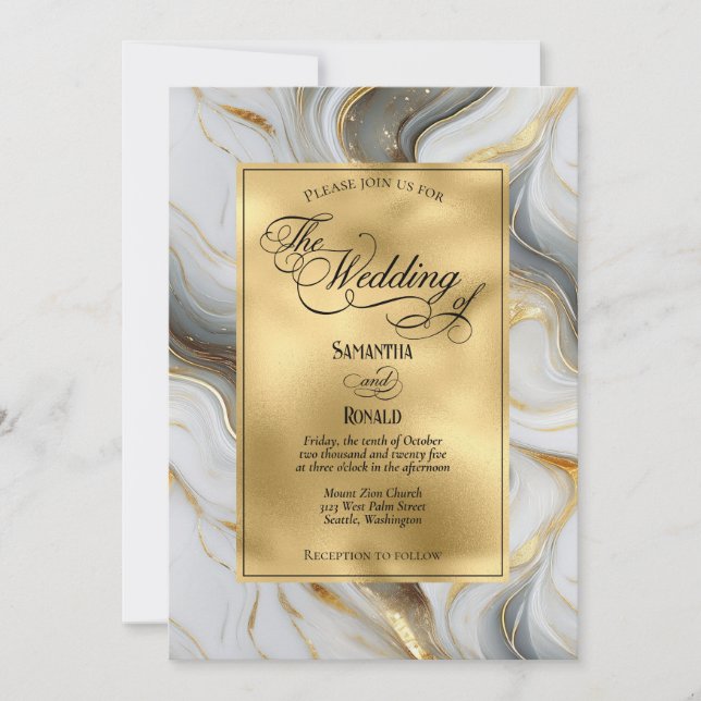 Invitación Elegante Boda Faux Gold, Gris y Marble Blanco (Anverso)