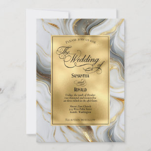 Invitación Elegante Boda Faux Gold, Gris y Marble Blanco