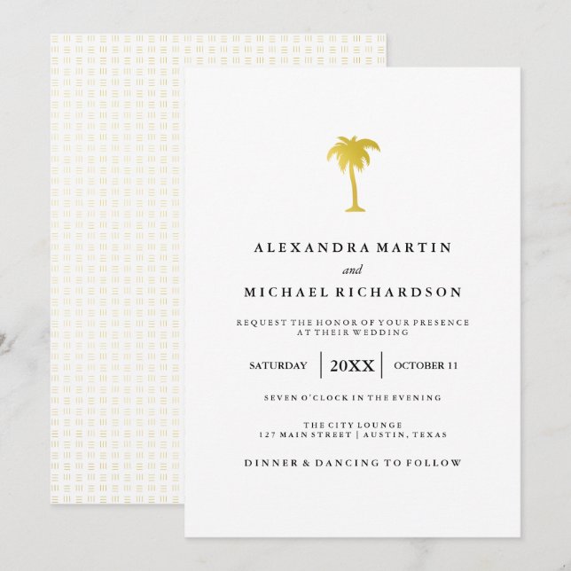 Invitación Elegante Boda Faux Gold Palm Tree (Anverso / Reverso)