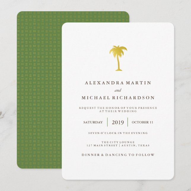 Invitación Elegante Boda Faux Gold Palm Tree | Verde (Anverso / Reverso)