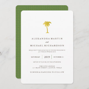 Invitación Elegante Boda Faux Gold Palm Tree   Verde