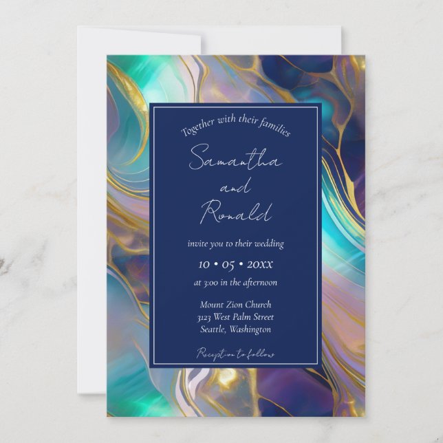 Invitación Elegante Boda Faux Gold y Blue Opal Stone (Anverso)