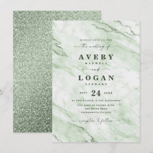Invitación Elegante Boda Fern Green Marble y Purpurina