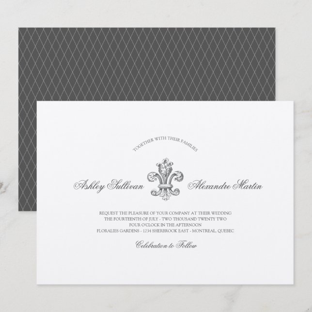 Invitación Elegante Boda Fleur de Lis con RSVP (Anverso / Reverso)