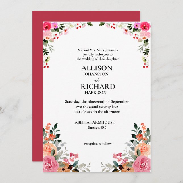 Invitación Elegante Boda floral (Anverso / Reverso)