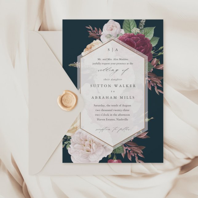 Invitación Elegante Boda floral (Vintage floral bouquet navy blue wedding invitations.)