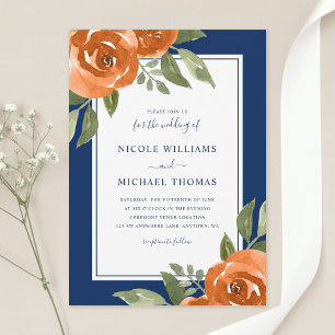 Invitación Elegante boda floral acuarela azul marino naranja