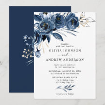 Elegante boda floral acuarela azul marino plata