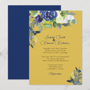 Invitación Elegante Boda Floral Acuarela Azul Mostaza