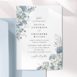 Invitación Elegante Boda Floral Acuarela Azul Polvo