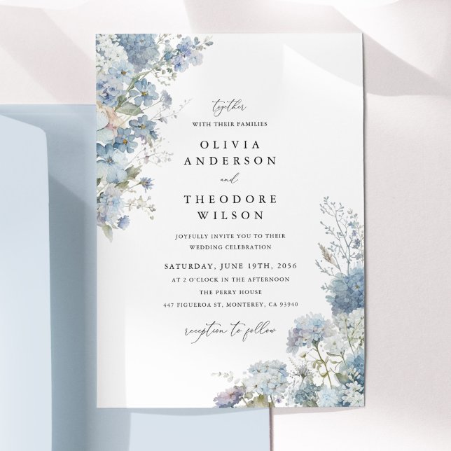 Invitación Elegante Boda Floral Acuarela Azul Polvo (Dusty blue watercolor floral wedding invitation, hydrangea blooms, romantic garden style stationery)