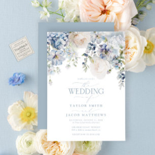 Invitación Elegante Boda Floral Acuarela Azul Polvoriento