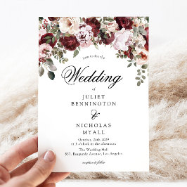 Invitación Elegante Boda Floral Acuarela Burgundy y Rubor