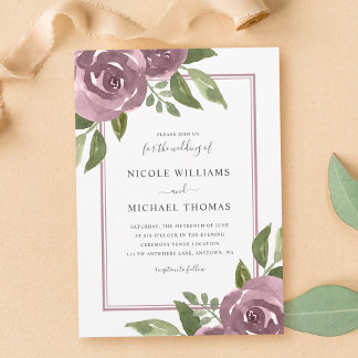 Invitación Elegante Boda Floral Acuarela en Mauve Polvoriento