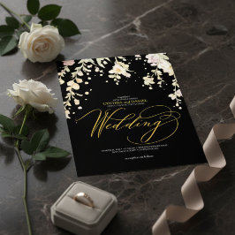 Invitación Elegante Boda Floral Acuarela Negra y Dorada