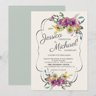 Invitación Elegante boda floral acuarela púrpura amarillo