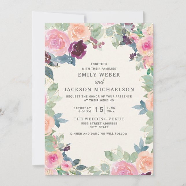 Invitación Elegante boda floral acuarela rosa púrpura (Anverso)